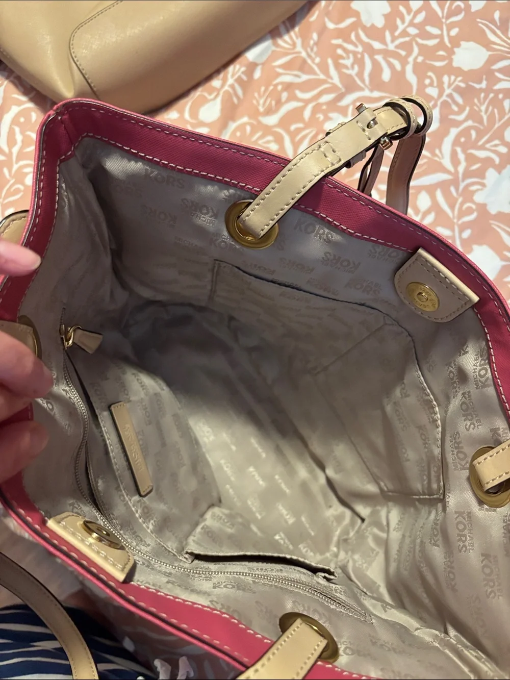 Michael Kors Pink Shoulder Tote with Beige Straps